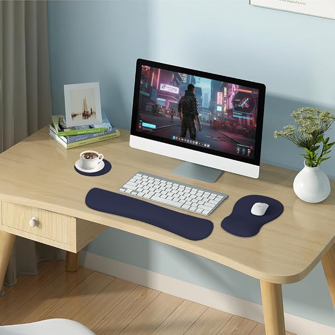 RICHEN Wrist Rest Support for Mouse Pad&Keyboard Set with Coaster,Concave Curved Memory Foam, Non-Slip Base Pain Relief Comfortable Easy Typing Pad for Home/Office (Navy Blue)