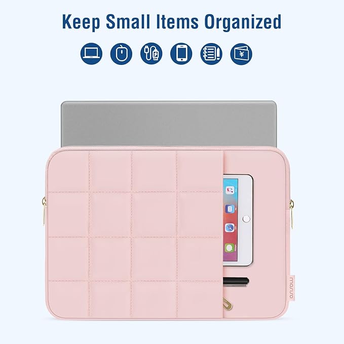 MOSISO Laptop Case 13.3 inch,13-13.3 inch Puffy Laptop Sleeve Compatible with MacBook Air 13 13.6/Neo/Pro 13/Pro 14,HP Dell ASUS,Twelve Square Quilted Bag with Vertical Pocket&Small Case, Pink