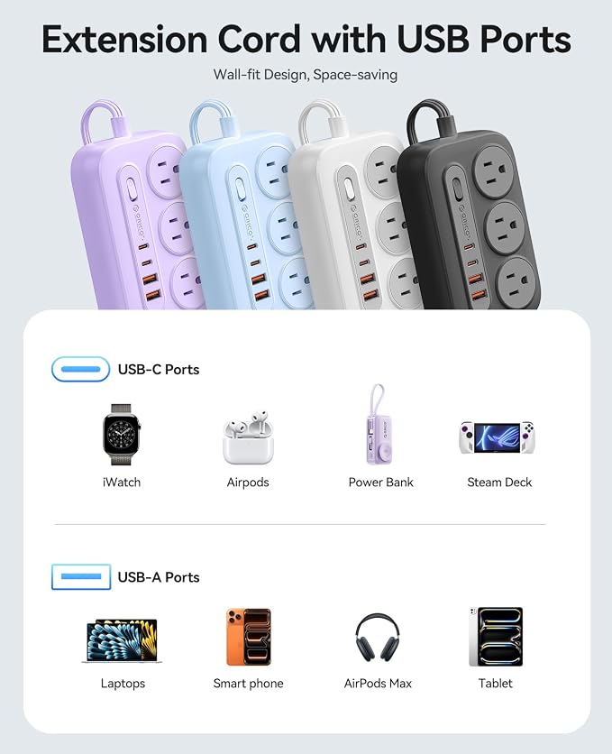 ORICO Surge Protector Power Strip, PD20W Multiple Outlets Extension Cord with 6 AC Outlets and 4 USB Charging Ports (2 USB-C), 45° Flat Plug, 10 Ft Mountable Outlet Extender for Home/Office/Dorm - OG