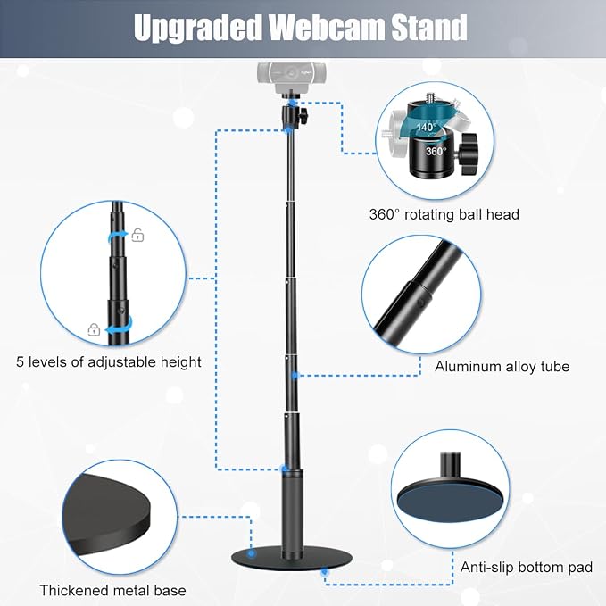 JCWINY Webcam Stand, 28 Inch Web Cam Stand for Desk, Adjustable Webcam Mount Camera Stand for Logitech Webcam C922 C930e C920S C920 C615 C960 C920x BRIO 4K NexiGo N60 and Others