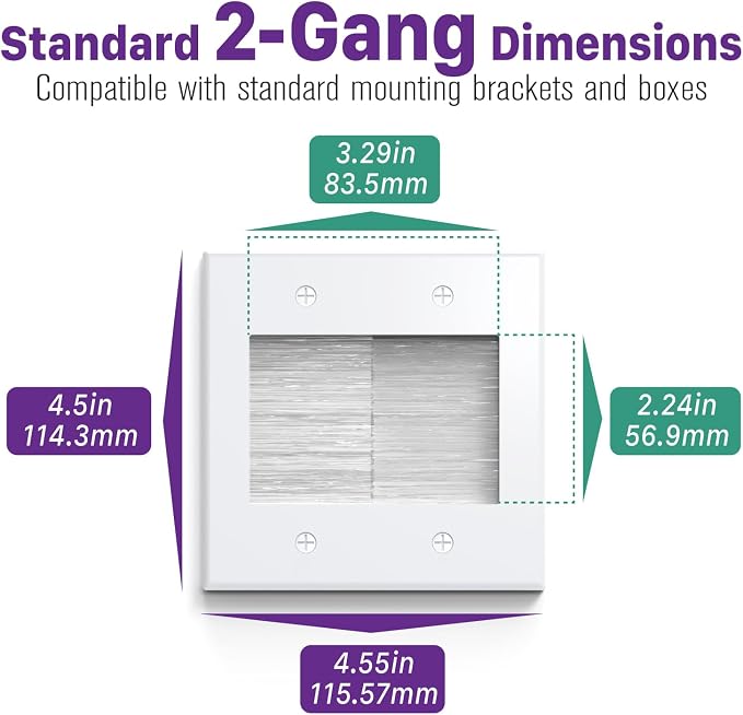 Fosmon 2-Gang Brush Wall Plate, Double Gang Cable Management Kit for Cable pass through, Wire Cord Hider for Wall Mounted TV, Coaxial, HDMI, Ethernet Speaker Low Voltage Wires and Power Cords- White
