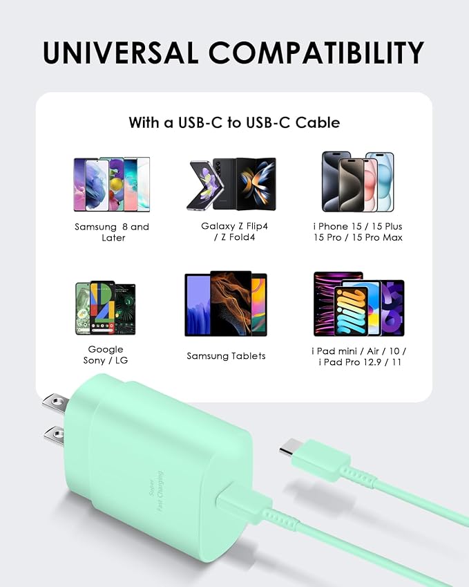 AISNI USB C Charger, 2 Pack 25W Type C Charger Fast Charging with USBC Chargers Cable 6 FT Android Phone Charge for Galaxy S25/ /S24/S23+/S22/S21/S20/Phone 17 16 15 Pro Max 16 15 Plus-Green