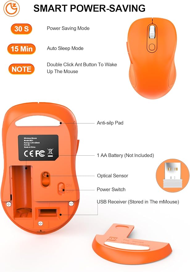 Trueque Wireless Mouse for Laptop, 2.4GHz Ergonomic Computer Mouse with Back & Forward Buttons, 3 Adjustable DPI Levels, 6 Buttons, Optical USB Cordless Mice for Windows PC, M01 (Orange)