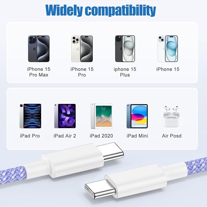 USB C to C Charging Cable 10ft, 60W Fast Type C to C Charger Cord Long for Apple iPhone 17 Pro Max/17 Air/16 Pro Max/15 Plus, MacBook Pro 2021/2020/2019,iPad 12.9/11 inch/Mini/Air 5/4,Samsung Galaxy