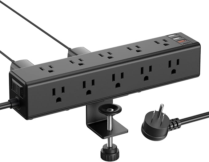 CCCEI Standing Desk Clamp Power Strip with 15 Outlets, Black Desktop Edge Mount Surge Protector Outlet, Fast Charging USB-A and 45W USB-C Ports, 6 FT Flat Plug, Black Fit 1.6 inch Table top.