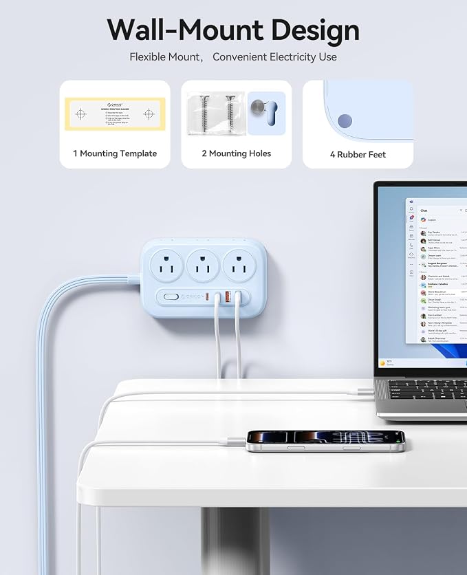 ORICO Surge Protector Power Strip, PD20W Multiple Outlets Extension Cord with 6 AC Outlets and 4 USB Charging Ports (2 USB-C), 45° Flat Plug, 5 Ft Mountable Outlet Extender for Home/Office/Dorm - OG
