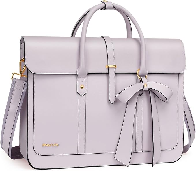 MOSISO Laptop Bag for Women, 15-15.6 inch PU Leather Laptop Shoulder Bags Convertible Backpack, 16 inch Messenger Bags Casual Handbag Work Briefcase Travel Computer Bag with Bowknot, Dusty Lilac