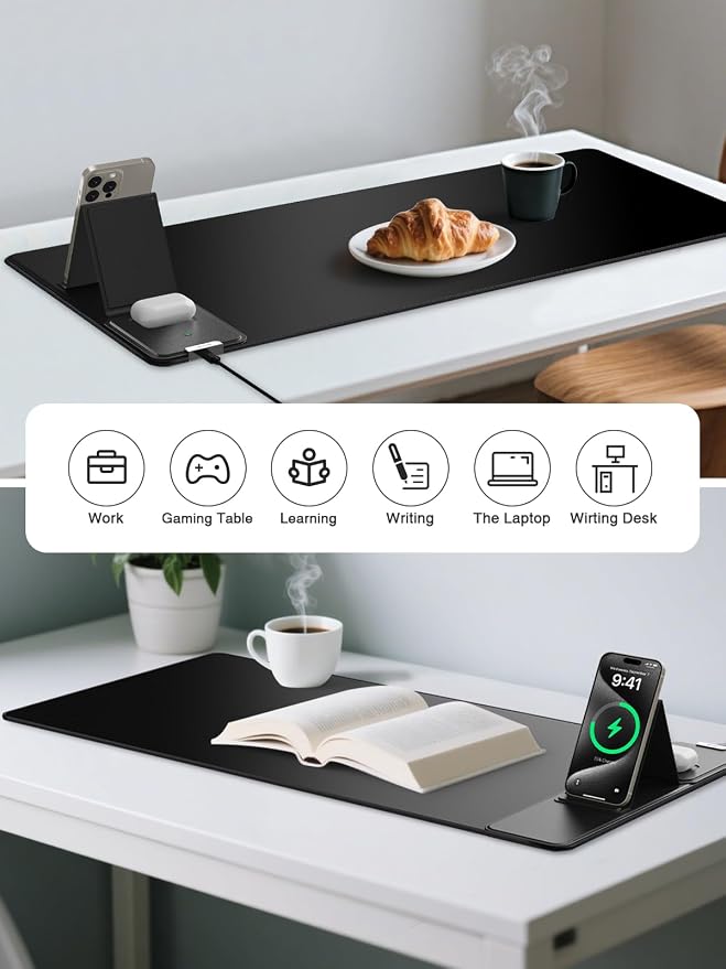 Mouse Pad with Foldable Phone Holder, Wireless Charging Desk Mat 31.5x15.75 Mousepad with Superior Micro-Weave Cloth Non-Slip Waterproof Desk Pad (Black with PD Adapter-Right Charging)