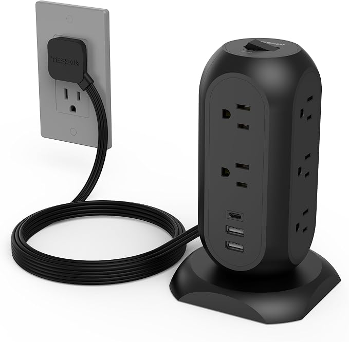 TESSAN Tower Power Strip Flat Plug with 11 Outlets 3 USB (1 USB C), Surge Protector Tower 1625W/13A,1050J Protection, 6 Feet Extension Cord with Multiple Outlets, Dorm, Office Desk Supplies, Black