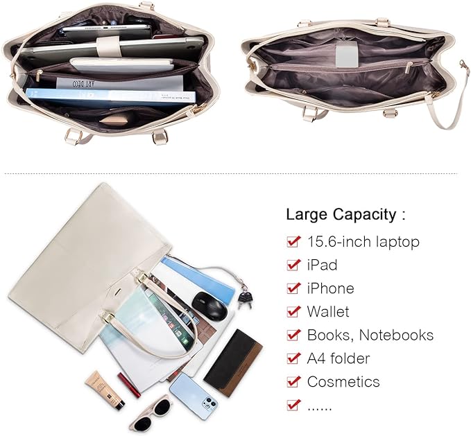 LOVEVOOK Laptop Bag for Women 15.6 Inch Tote Bags Waterproof Computer Briefcase for Teacher Business Office Work Bag,Beige