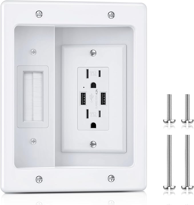 ELECPOW Cord Hider Wall with Dual AC Outlets & Dual USB-A Ports, in Wall Cable Management Kit for Wall Mounted TV,Recessed Outlet with TV Wire Hider for Power Cables & Low Voltage Wires