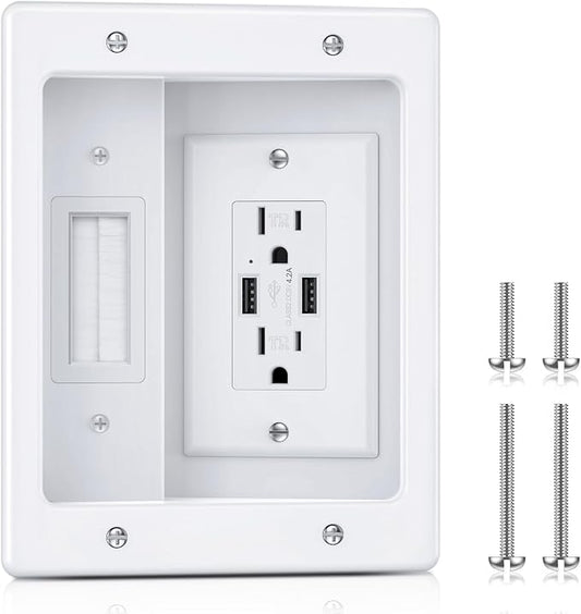 ELECPOW Cord Hider Wall with Dual AC Outlets & Dual USB-A Ports, in Wall Cable Management Kit for Wall Mounted TV,Recessed Outlet with TV Wire Hider for Power Cables & Low Voltage Wires