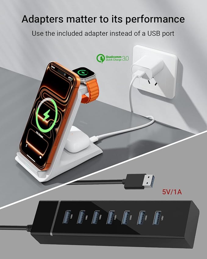 Eazpower Wireless Charger for Thick Cases of 10MM/Otterbox/Heavy Duty, 3 in 1 Charging Dock for iPhone 17 16 15 14 Pro Max, Phone Stand Charging Station for Multiple Devices for Apple Watch/AirPods