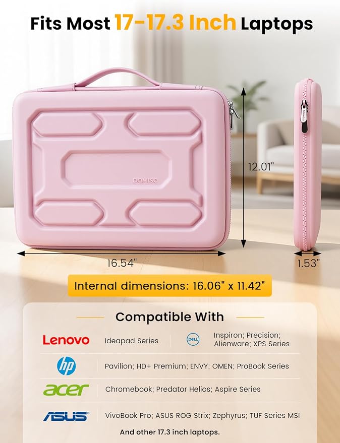 DOMISO Laptop Hard Case 17-17.3 inch Waterproof Shockproof Hard Shell Laptop Sleeve with Handle & Storage Pocket, Compatible with MacBook, HP, Dell,Pink