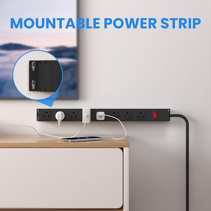 8 Outlets Heavy Duty Power Strip with 8 Ft 14AWG Power Cord Straight Plug and Switch,Wide Spaced Shop Power Strip Metal for Commercial,Industrial,School and Home,15A 125V 1875W,Black(8FT)