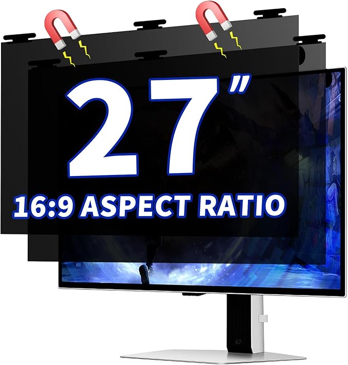 [2 Pack 27 Inch Magnetic Hanging Computer Privacy Screen for 16:9 Widescreen Monitor, Eye Protection Anti Glare Blue Light Filter, Removable Reusable 27in Anti Spy Security Protector Film