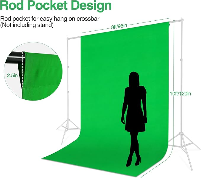 Green Screen Backdrop, 8x10ft (WxH) Photography Chromakey Greenscreen Background Sheet, Polyester Collapsible Green Backdrop Curtain for Streaming, Meeting, Photo Studio, Video Recording
