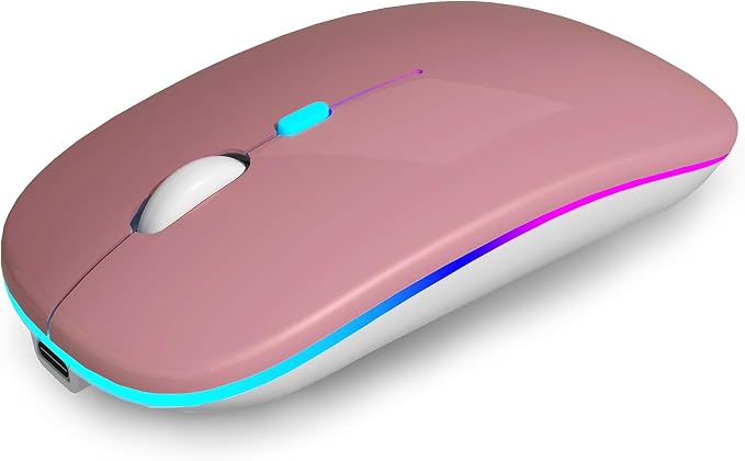 AIKOKOK Wireless Bluetooth Mouse, Rechargeable, Dual Mode Bluetooth 5.2 & 2.4G USB, LED Lights, Slim, Silent, Portable Computer Mouse for Laptop, PC, MacBook, iPad, Tablet (Rose Gold)
