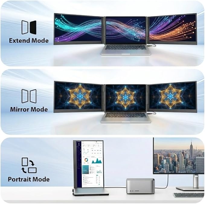 APILDELLA 15.6" Triple Laptop Screen Extender One Cable, 1080P FHD Portable Dual Monitor, Ultra-Slim Travel Monitor Extender for Triple Display on Mac/Windows, Fits 13"-17.3" Laptops（Driver Required）