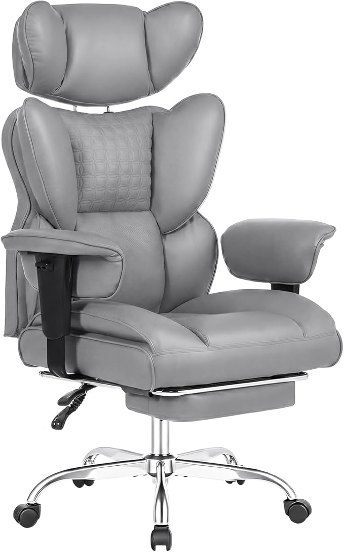 DUMOS Big and Tall Home Office Desk Chair, Gaming Computer Chair, Executive Ergonomic Chair with Footrest, High Back Reclining, Adjustable Armrests and Comfy Lumbar Support, PU Leather, Grey