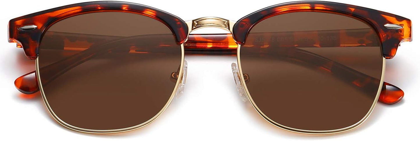 SOJOS Retro Semi Rimless Polarized Sunglasses Horn Rimmed UV400 Glasses SJ5018, Yellow Tortoise Frame/Green Lens