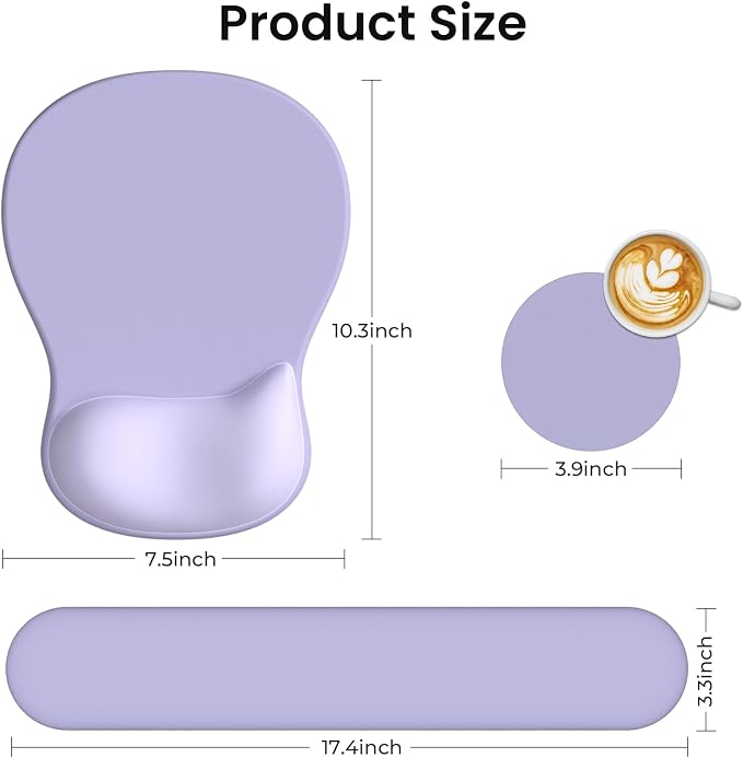AKIT Ergonomic Mouse Pad and Keyboard Wrist Rest, 3-in-1 Memory Foam Wrist Rest for Computer Keyboard, Non-Slip Base, Pain Relief, Gel Mousepad Set for Gaming, Home and Office, Purple