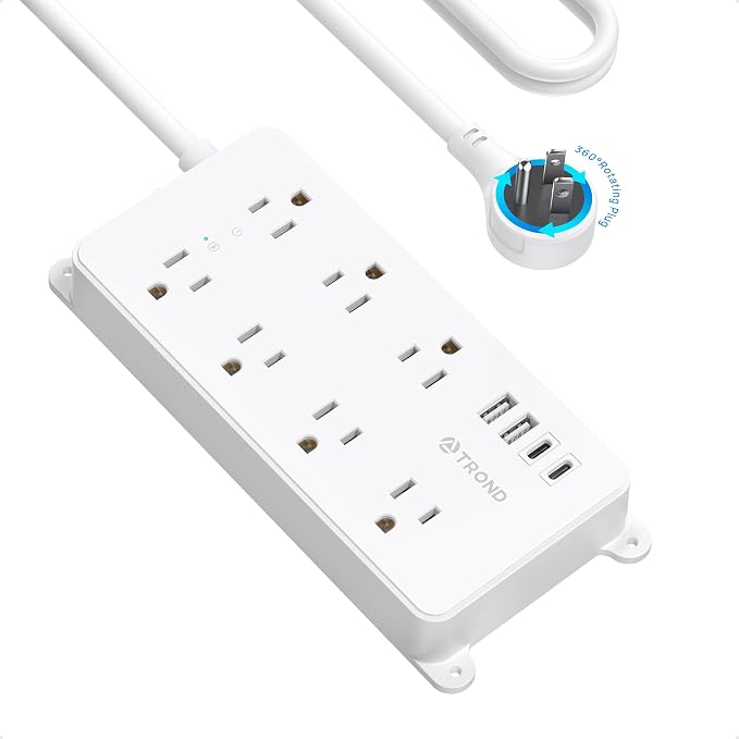 TROND 360° Rotating Plug Power Strip, ETL Listed, Flat Plug 10ft Extension Cord, 2 USB-A and 2 USB-C, Wall Mountable, 7 Widely-Spaced Outlets, 1700J Surge Protector, for Home Office Garage, White