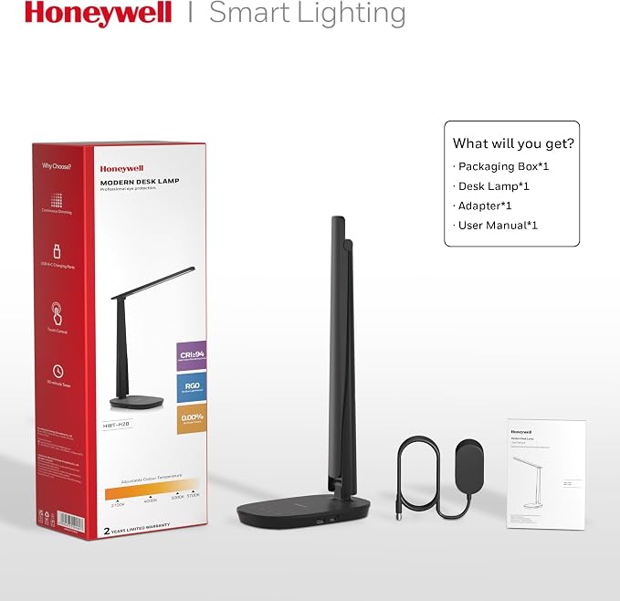 Honeywell HWT-H2 LED Desk Lamp, CRI94 Full Spectrum Eye-Caring Table Light, Foldable Dimmable 4 Color Modes with USB A+C Charging Ports for Home Office Bedroom Reading Study Work (Black)