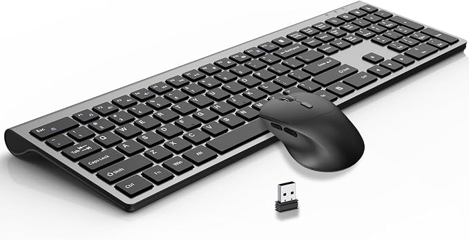 Wireless Keyboard and Mouse Combo, Silent Full-Size Computer Keyboard with Calculator Button, 2400 DPI Ergonomic Mouse, Quiet Click, USB Cordless Mice Set for Laptop PC Windows Mac - Black & Grey