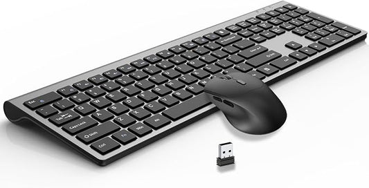 Wireless Keyboard and Mouse Combo, Silent Full-Size Computer Keyboard with Calculator Button, 2400 DPI Ergonomic Mouse, Quiet Click, USB Cordless Mice Set for Laptop PC Windows Mac - Black & Grey
