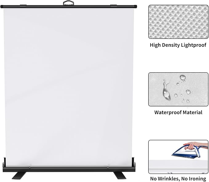 WASJOYE Retractable White Backdrop Screen - 62.2 x 79 in Professional Pull Up Panel Auto-Locking Wrinkle-Resistant Photography Background for Video Conference, Live Game, Photographic Studio Streaming