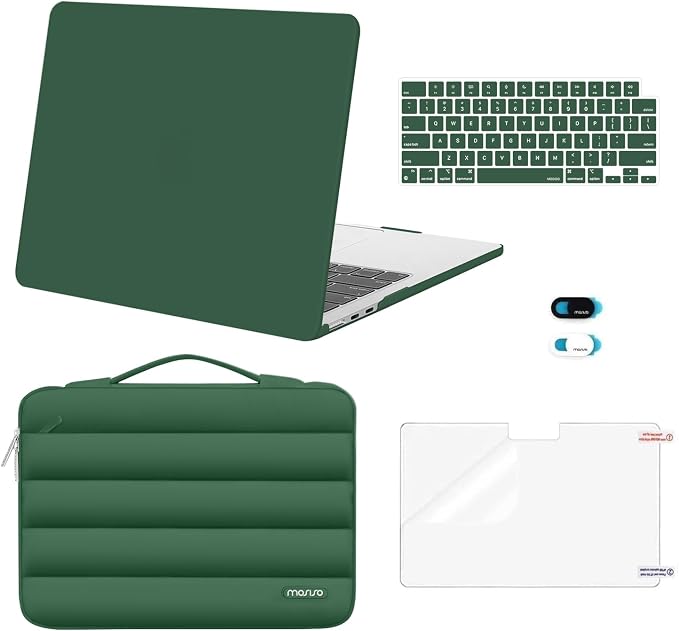 MOSISO Compatible with MacBook Air 13 inch Case M5 2026 M4 2025 M3 M2 2024-2022 A3449 A3240 A3113 A2681, Hard Case&Puffy Bag&Keyboard Cover&Webcam Cover&ScreenFilm for MacBook Air 13.6, Peacock Green