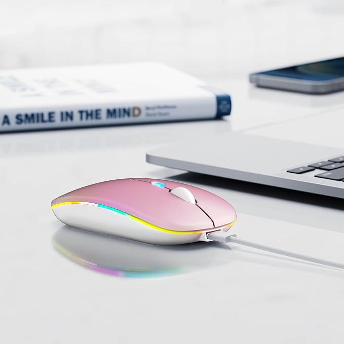 Wireless Bluetooth Mouse, Rechargeable, LED, Silent, Ultra-thin Design (Bluetooth 5.2 and 2.4GHz USB Receiver) | Portable Computer Mouse for Laptops, iPads, MacBooks and Apple Devices (Pink)