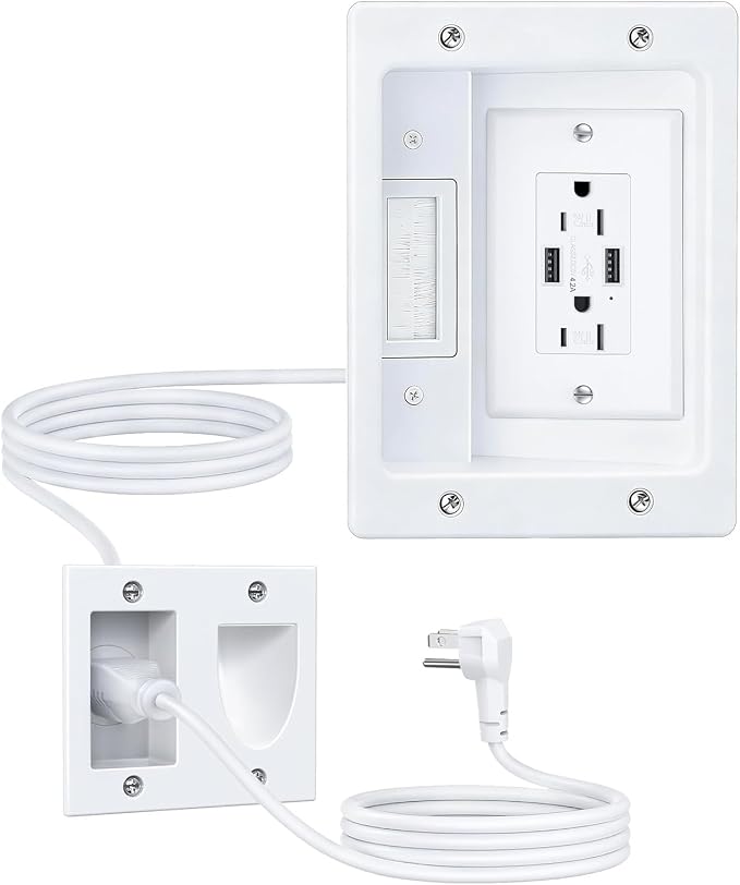 FORGING MOUNT Cord Hider for Wall Mount TV with AC Outlets, 2X USB-A Ports, in-Wall Cable Management Kit, Includes 6ft Extension Cord, Drywall Hole Saw Attachment, Drill Templates
