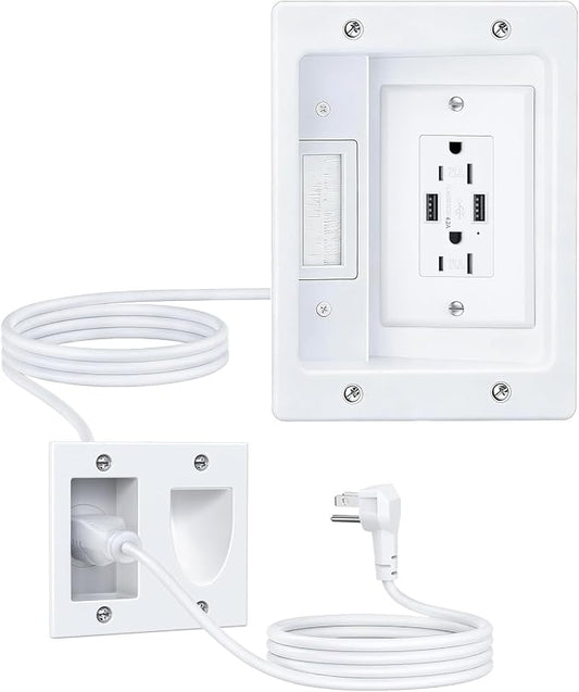 FORGING MOUNT Cord Hider for Wall Mount TV with AC Outlets, 2X USB-A Ports, in-Wall Cable Management Kit, Includes 6ft Extension Cord, Drywall Hole Saw Attachment, Drill Templates