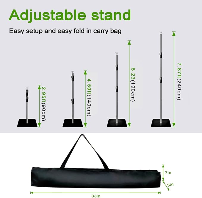 Green Screen BackdropKit, 8 * 5FT Metal Base Photo Studio Support System, Adjustable Backdrop Frame for Video Shooting, Live Streaming, Photo Studio, Content Creation and Virtual Backgrounds