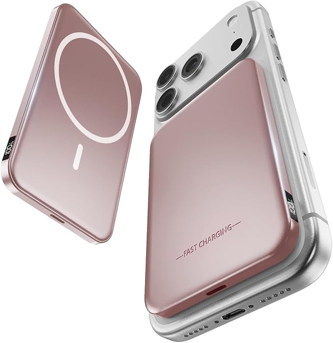 Aobbow Magnetic Portable Charger, 5000mAh Ultra Slim Power Bank with LED Display, 15W Fast Charging Battery Pack, MagSafe-Compatible Charger for iPhone 17/16/15 and AirPods - Rose Gold