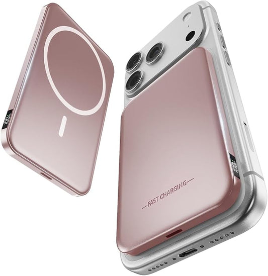 Aobbow Magnetic Portable Charger, 5000mAh Ultra Slim Power Bank with LED Display, 15W Fast Charging Battery Pack, MagSafe-Compatible Charger for iPhone 17/16/15 and AirPods - Rose Gold