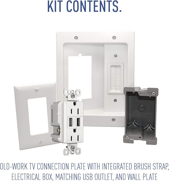 Legrand - OnQ in Wall Cable Management Kit with USB, TV Outlet Wall Kit Hides Cords, in Wall TV Power Kit Works with All Plugs, Recessed TV Outlet, White, HT21USBWHV1 (Hardwired)