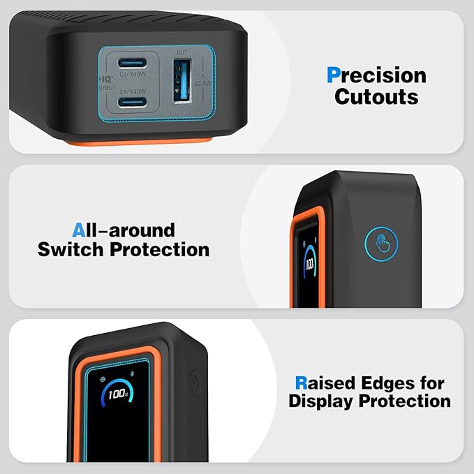 Silicone Case for Anker Prime Power Bank (26,250mAh 300W) Travel Protective Cover, Shockproof | Compact | Tactile Grip | Impact Protect for Anker Power Bank (300W), LCD Display Visible (Black Orange)