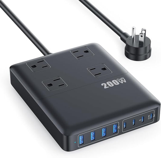 200W Charging Station,12-in-1 USB C Power Strip with Flat Plug and 5ft Extension Cord,4 AC Outlets,4 USB-A,4 USB-C Ports for iPhone 17/16/15,65W PD Fast Laptop Charger for MacBook, Home, Office, Dorm