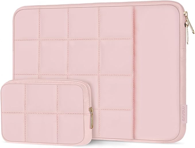MOSISO Laptop Case 13.3 inch,13-13.3 inch Puffy Laptop Sleeve Compatible with MacBook Air 13 13.6/Neo/Pro 13/Pro 14,HP Dell ASUS,Twelve Square Quilted Bag with Vertical Pocket&Small Case, Pink