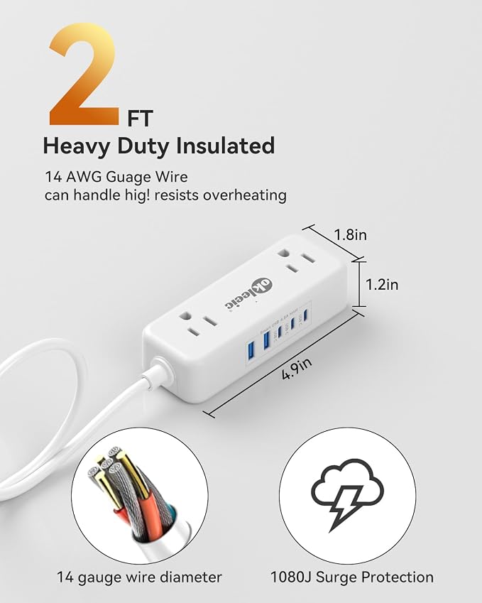 Short Extension Cord 2 Foot - Appliance Surge Protector Small Power Strip, 14 Gauge Heavy Duty Extension Cord with 4 Outlets 5 USB, High Wattage for Microwave, Workbench, Kitchen, Garage Must Have
