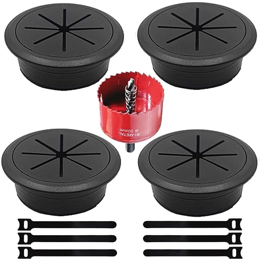 4 Pack Desk Grommet 2 Inch (50 mm), Desk Hole Cover for Cables, Black Desk Cord Hole Cover for Office Home Table, Cable Grommet with 1 Hole Saw Drill Attachment & 6 Cable Ties