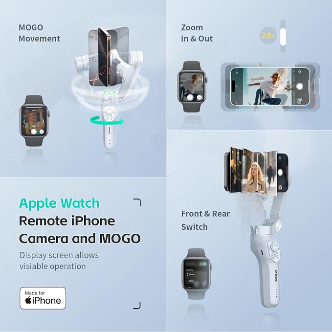 COMITOK Only for iPhone, MOGO [Apple MFi Certified] Gimbal Stabilizer for iPhone with Phone Clip & RGB Light, Support Selecting Tracking Target on Apple Watch & iOS26 Cameras for iPhone 16 15 Pro Max