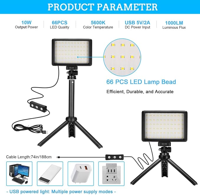LED Video Light 2-Pack, 5600K Dimmable USB Photo Lights with Mini Tripod and Colored Filters for Photo Studios, Small Angle Shooting, Video Recording, Game Streaming