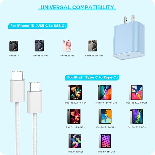[3Pack]20W USB C Fast Charger iPhone 17 16 Fast Charging, Apple 17 Charger Block 6ft C to C Long Charging Cable Cord for iPhone 17/16e/16 Pro/16 Pro Max/iPhone 15 Series/iPadAir/Mini(Pink+Blue+Purple)