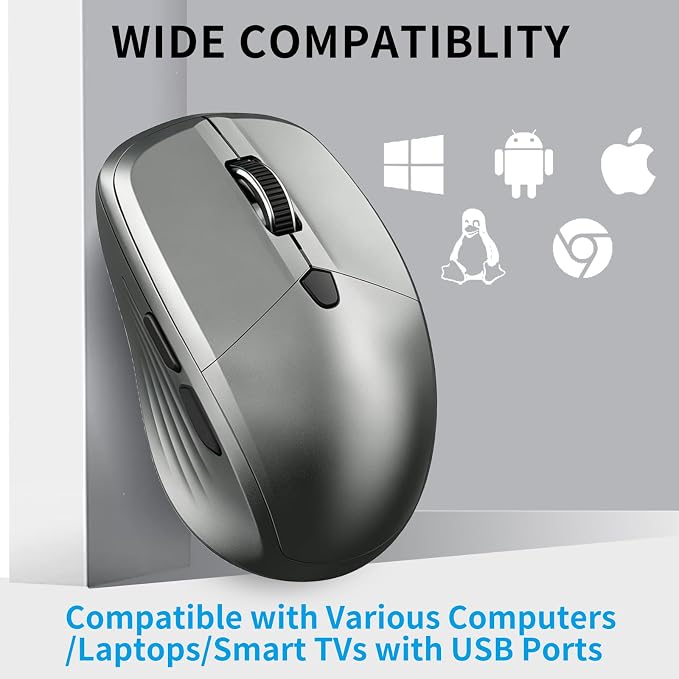Wireless Mouse for Laptop, Ergonomic Computer Mice with USB Nano Receiver, 2400 DPI Adjustable, Anti-Slip Scroll Wheel, Plug & Play 2.4G Wireless Cordless Mice for PC Chromebook Mac MacBook - Grey
