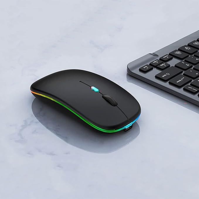 WREANU Wireless Bluetooth Mouse Rechargeable Laptop Mice with LED Lights Silent Slim Use(BT5.2 and 2.4G Portable USB) Dual Mode Computer Mouse for Laptop/iPad/Tablet/Apple/Computer/Mac (Black)