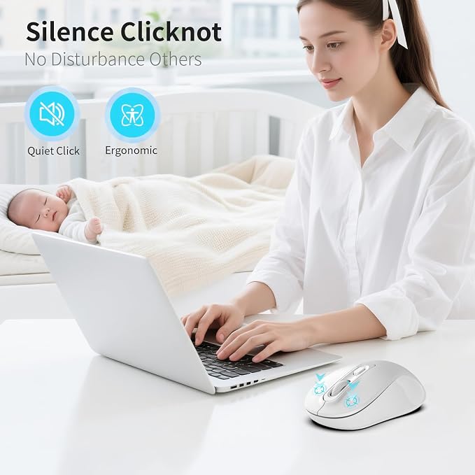 Wireless Mouse, 2026 New Model, Silent Click Ergonomic Design, Portable, 4 Buttons, Adjustable DPI (800/1200/1600), for Laptop/PC/Office (White)